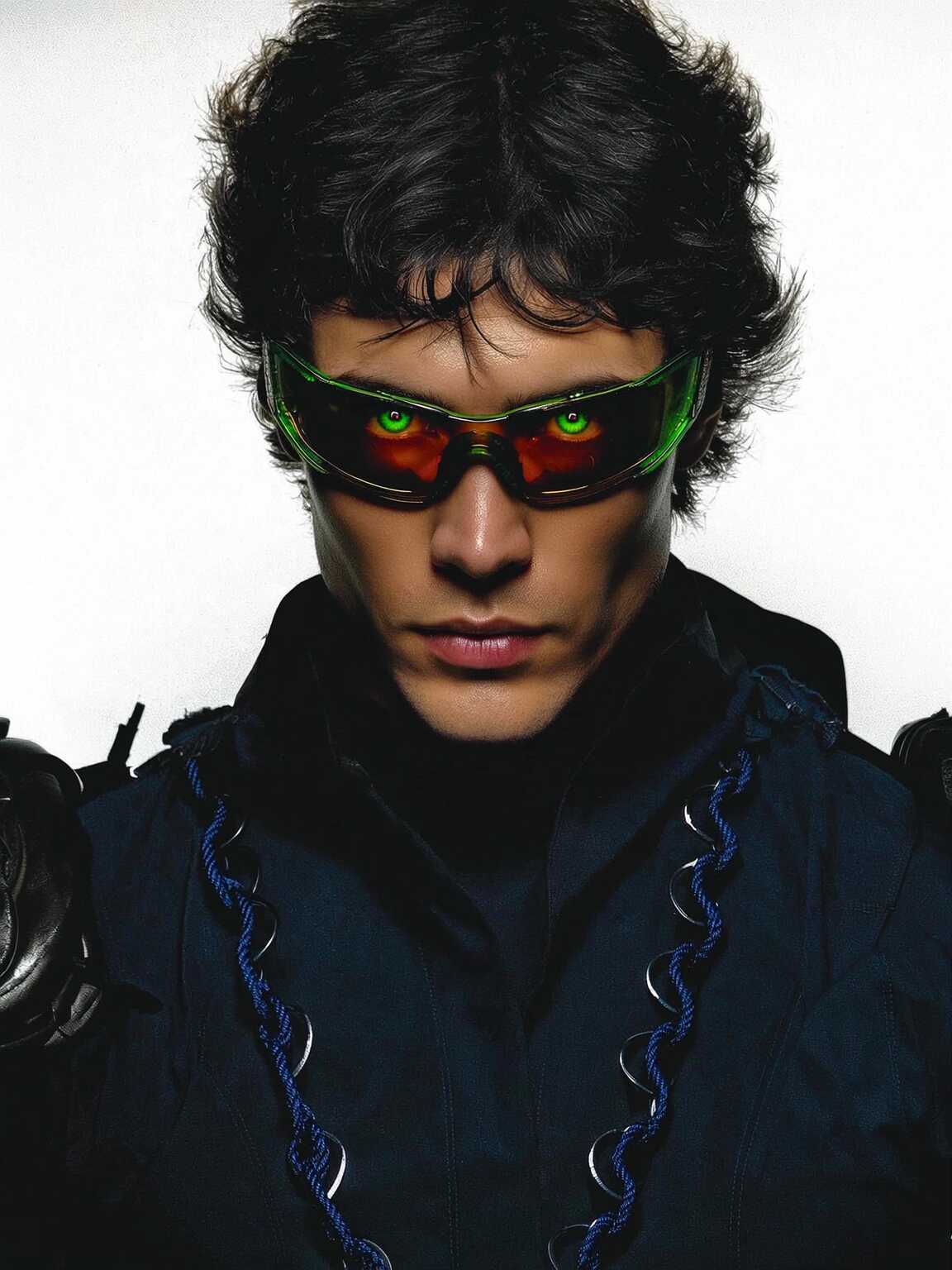 city-night capture of Damon Cael under streetlights in structured designer outfit, rising pop artist Damon Cael.