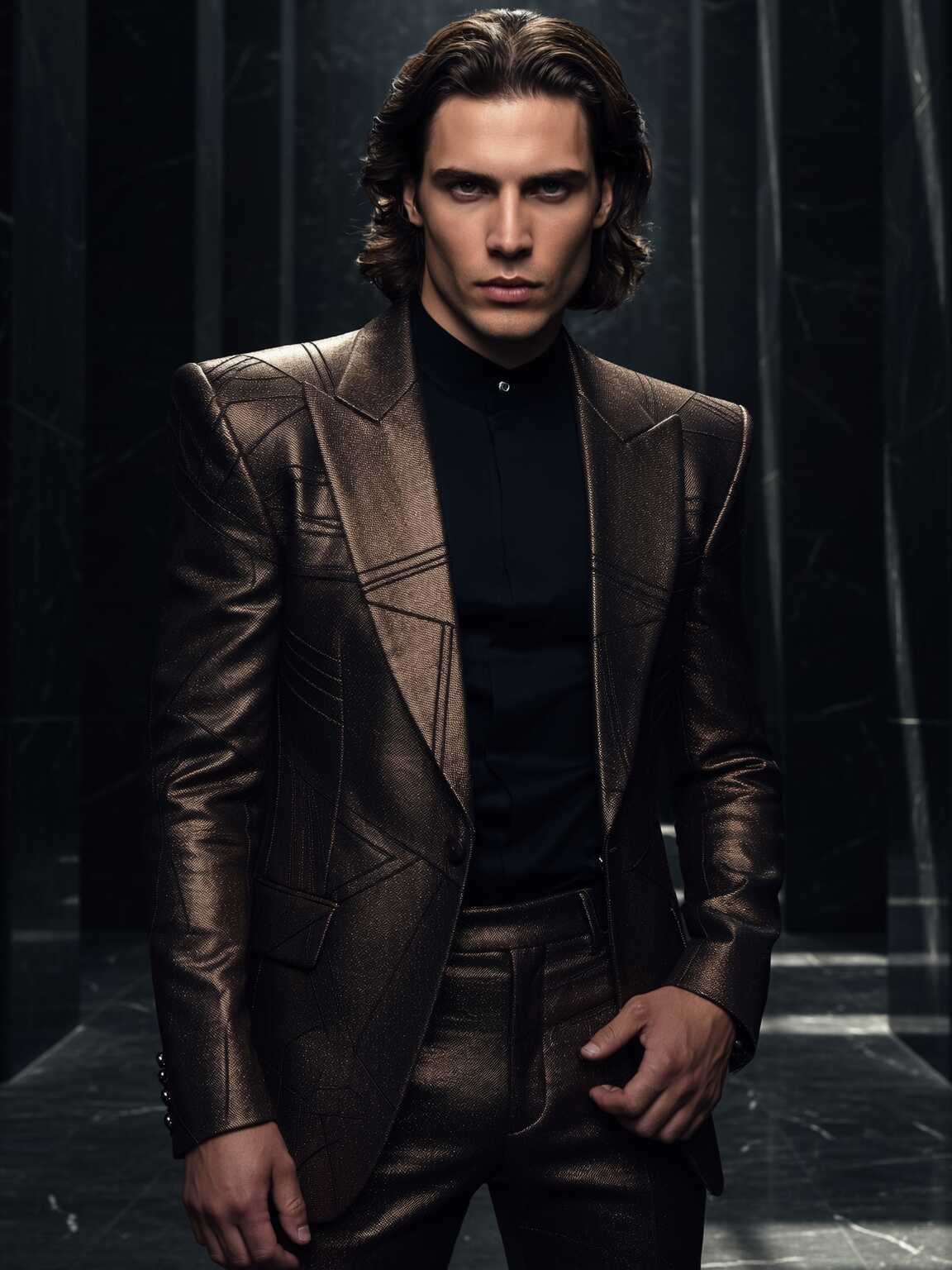 telephoto shot of Damon Cael crossing the street in colorful avant-pop fashion, rising pop artist Damon Cael.