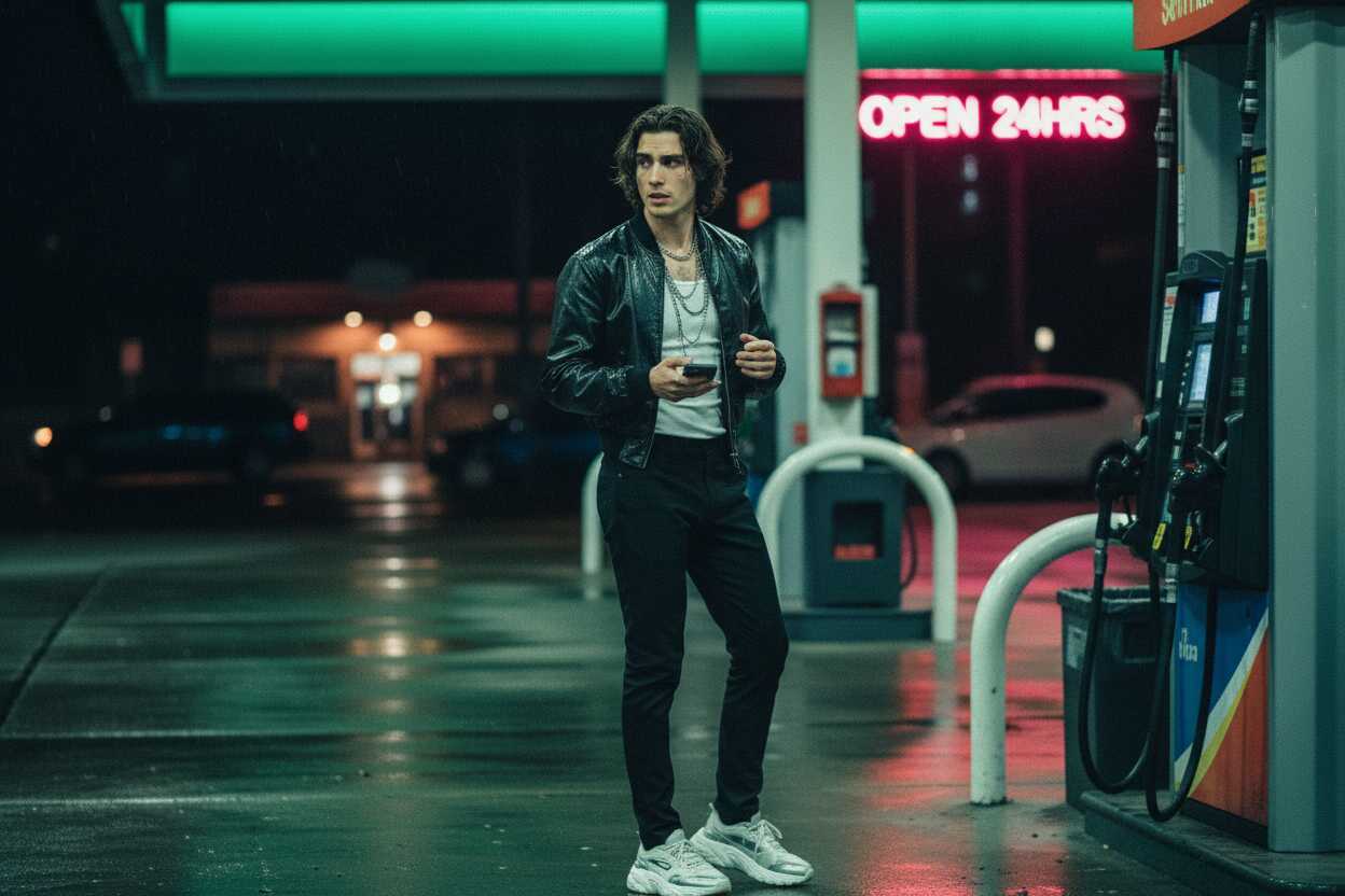 crosswalk mid-stride capture of Damon Cael in tonal layered outfit, rising pop artist Damon Cael.