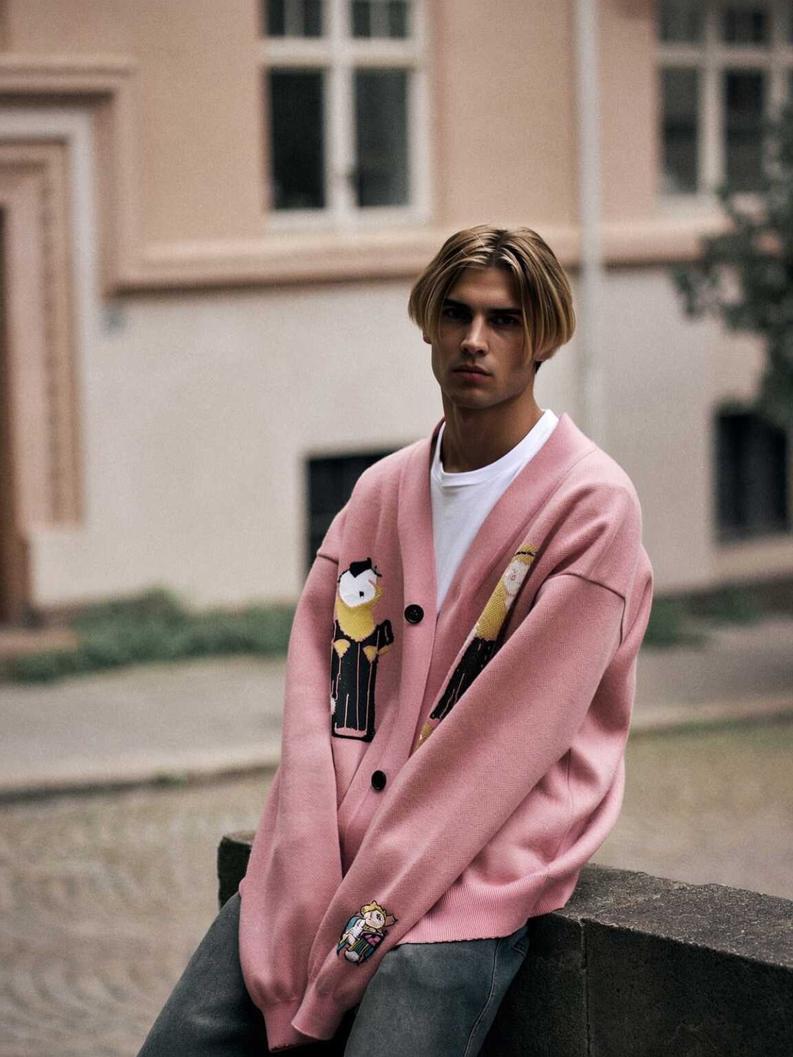 low-light candid of Damon Cael by a car in futuristic high-fashion look, rising pop artist Damon Cael.