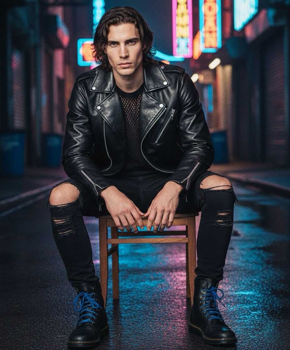 press-style image of Damon Cael in cinematic lighting wearing sculptural couture, rising pop artist Damon Cael.